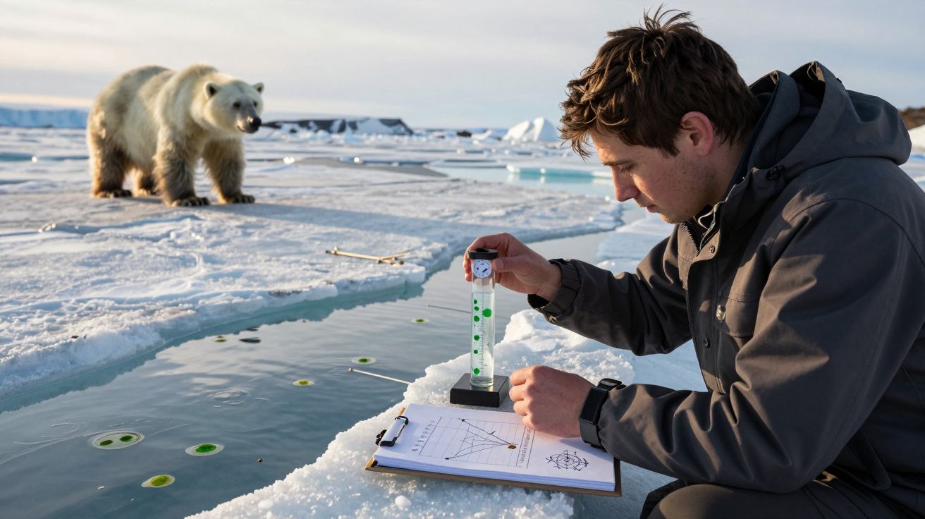 Cientista recolhe dados no gelo enquanto um urso polar se aproxima ao fundo.