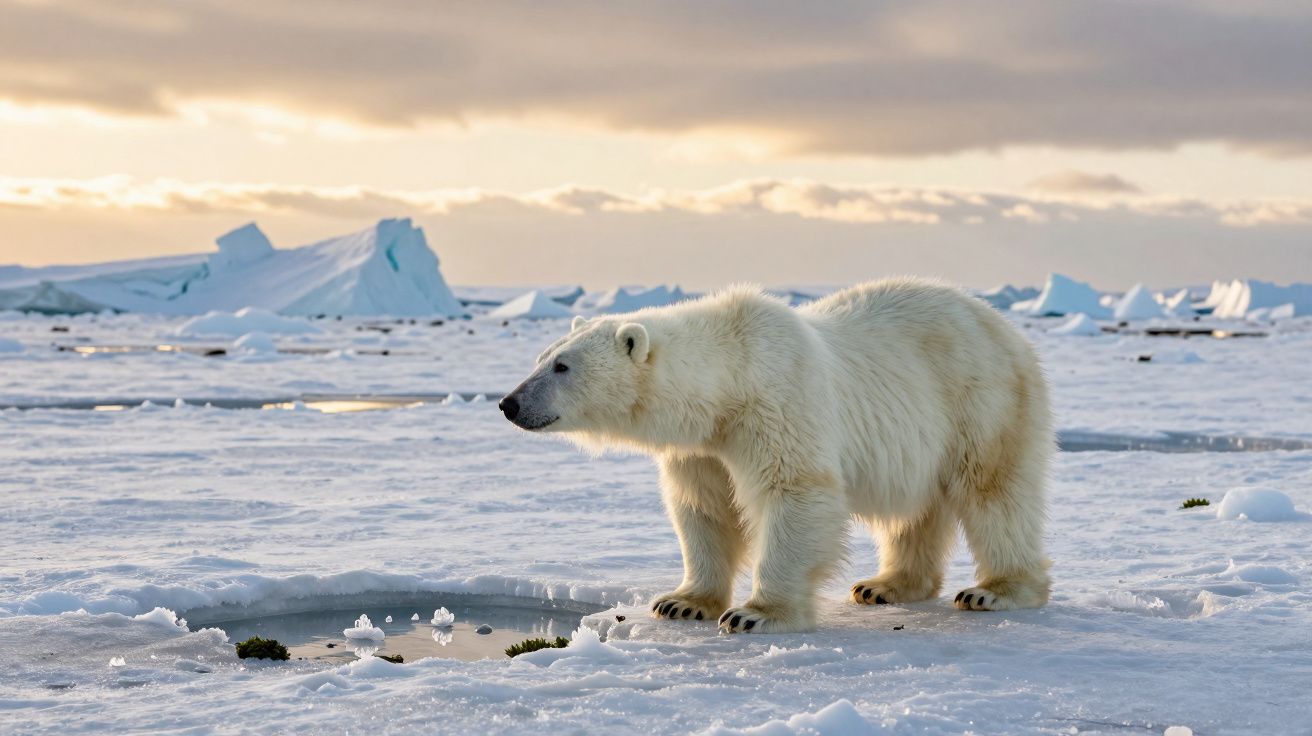 Urso polar caminhando sobre o gelo em ambiente ártico, com icebergs ao fundo durante o pôr do sol.