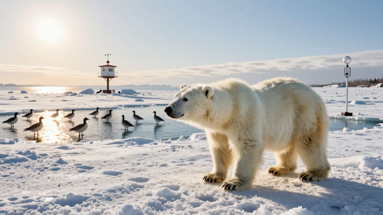 Urso polar sobre neve, com um grupo de aves junto a um lago congelado, sol ao fundo.