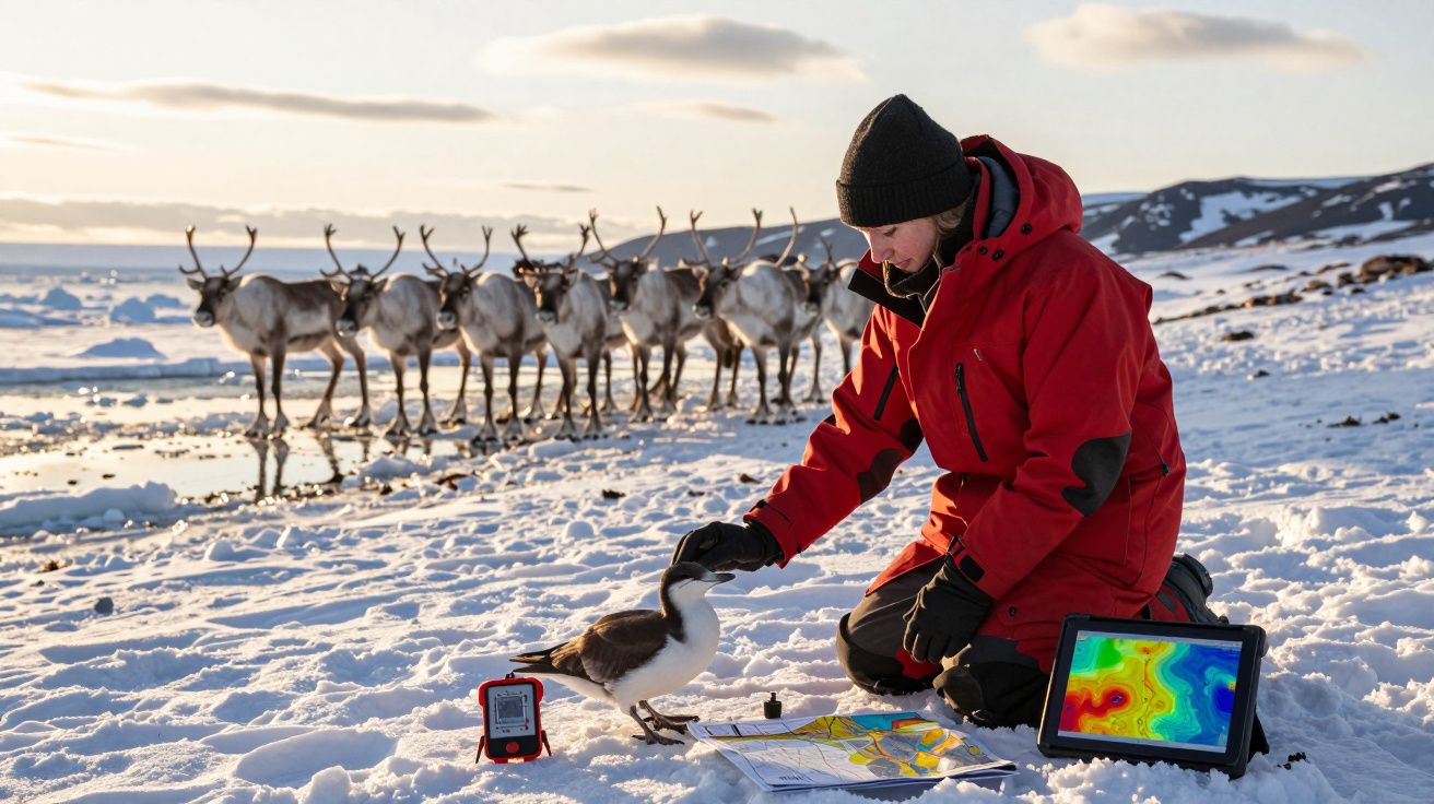Investigador de casaco vermelho interage com ave na neve, com renas ao fundo e mapas no solo.