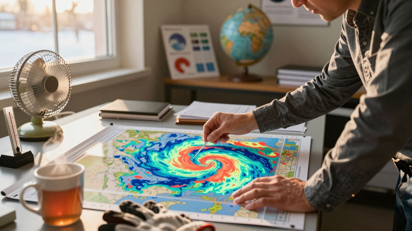 Homem analisa mapa meteorológico colorido sobre furacão num escritório luminoso, com chá, ventoinha e luvas.