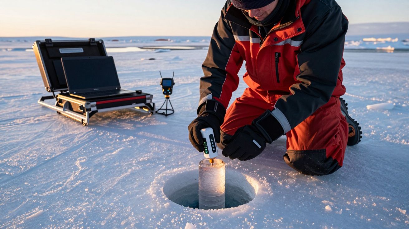 Investigador com equipamento científico analisa amostra de gelo no Ártico, em cenário de neve e gelo.
