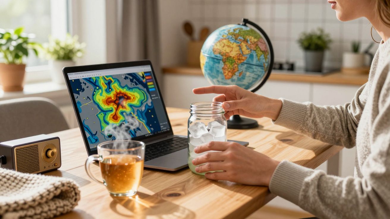 Pessoa a ver mapa meteorológico no portátil com chá e bebida gelada sobre a mesa. Globo terrestre ao fundo.