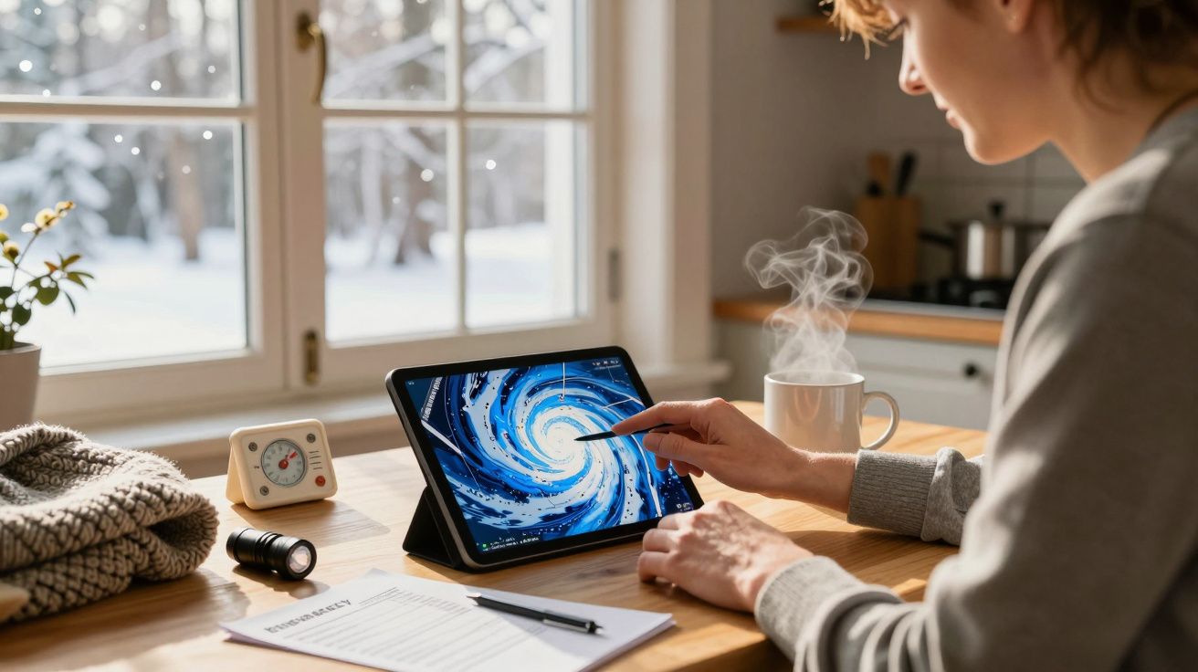 Mulher desenhando em tablet na cozinha, com janela mostrando neve ao fundo. Caneca de chá e caderno na mesa.