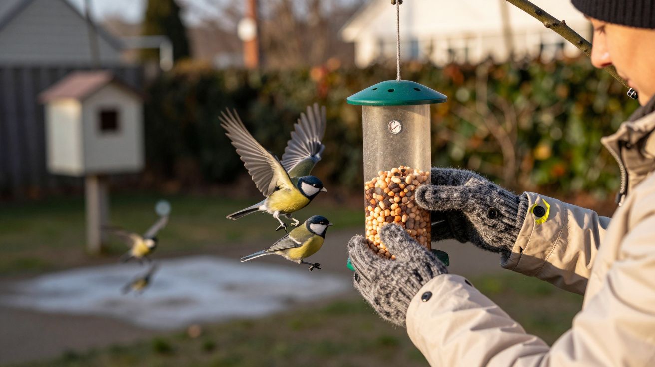 Homem a alimentar pássaros comedoiros no jardim, usando luvas cinzentas em dia ensolarado.