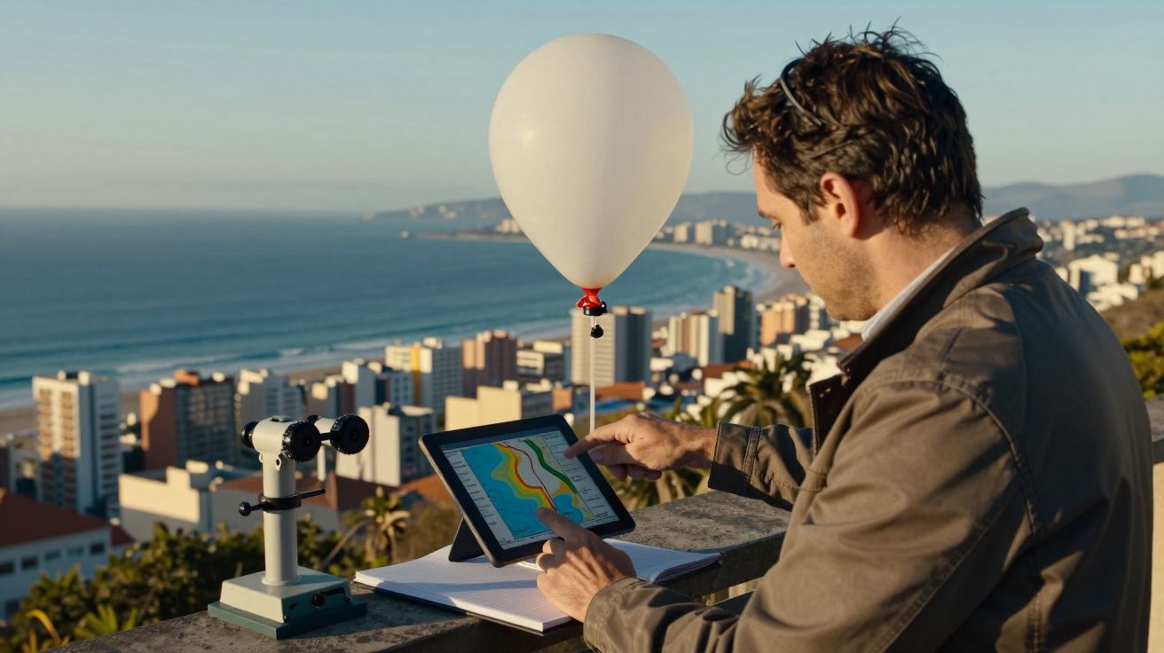 Homem observa tablet com mapa junto ao mar, balão meteorológico e telescópio.