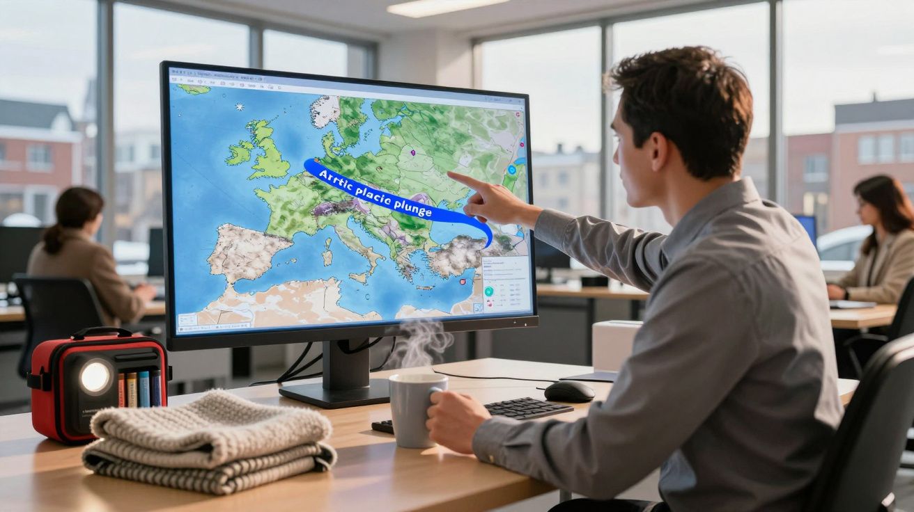 Homem aponta para mapa em ecrã de computador num escritório moderno.