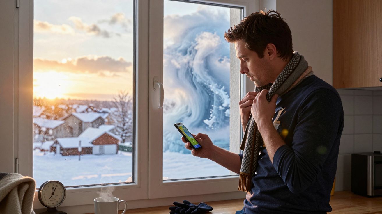 Homem com cachecol usa smartphone junto à janela, com cenário exterior de neve e oceano em movimento.