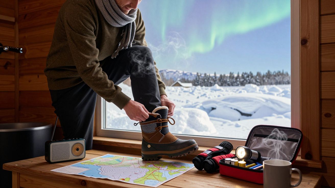 Pessoa a calçar botas num chalé, com mapa e kit de sobrevivência. Aurora boreal visível pela janela.