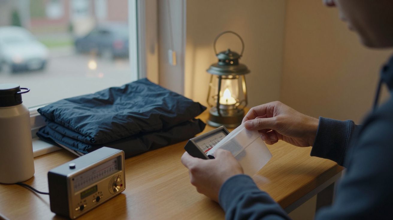 Pessoa examina objeto em caixa, ao lado de lanterna, rádio, garrafa e roupa dobrada sobre uma mesa de madeira.
