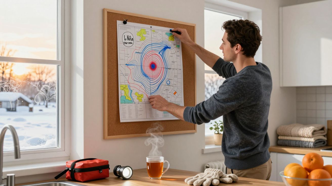 Homem ajusta mapa meteorológico numa cozinha com chá a fumegar, lanterna e saco vermelho em bancada ao amanhecer.