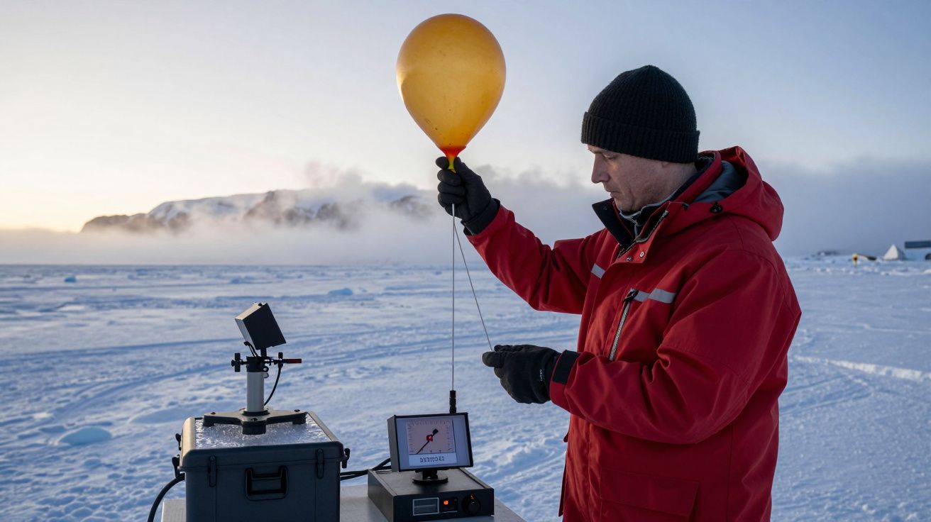 Homem de casaco vermelho segura um balão de ar laranja num ambiente de neve com equipamento científico.