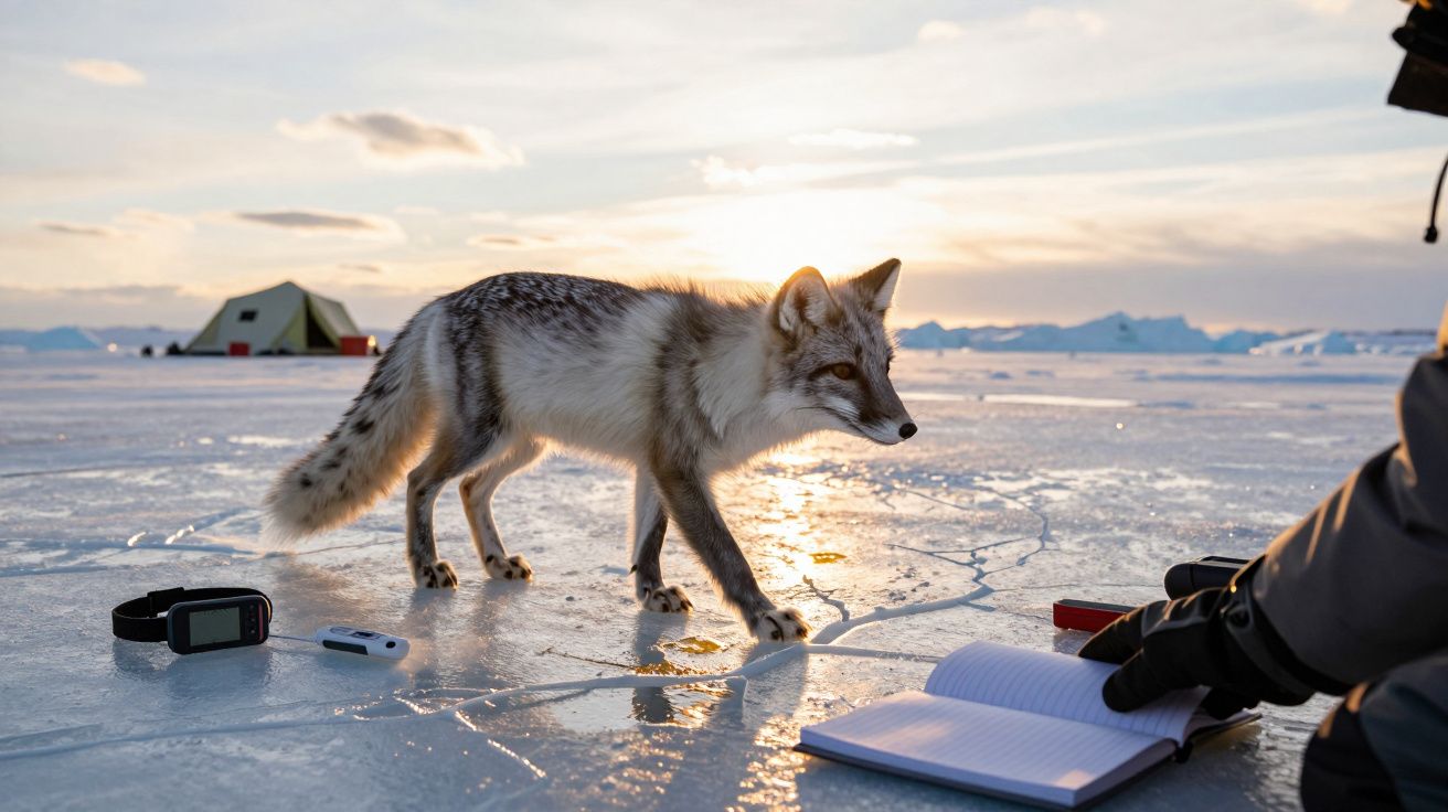 Raposa caminha no gelo ao pôr do sol, próxima de equipamento de pesquisa e caderno, com uma tenda ao fundo.