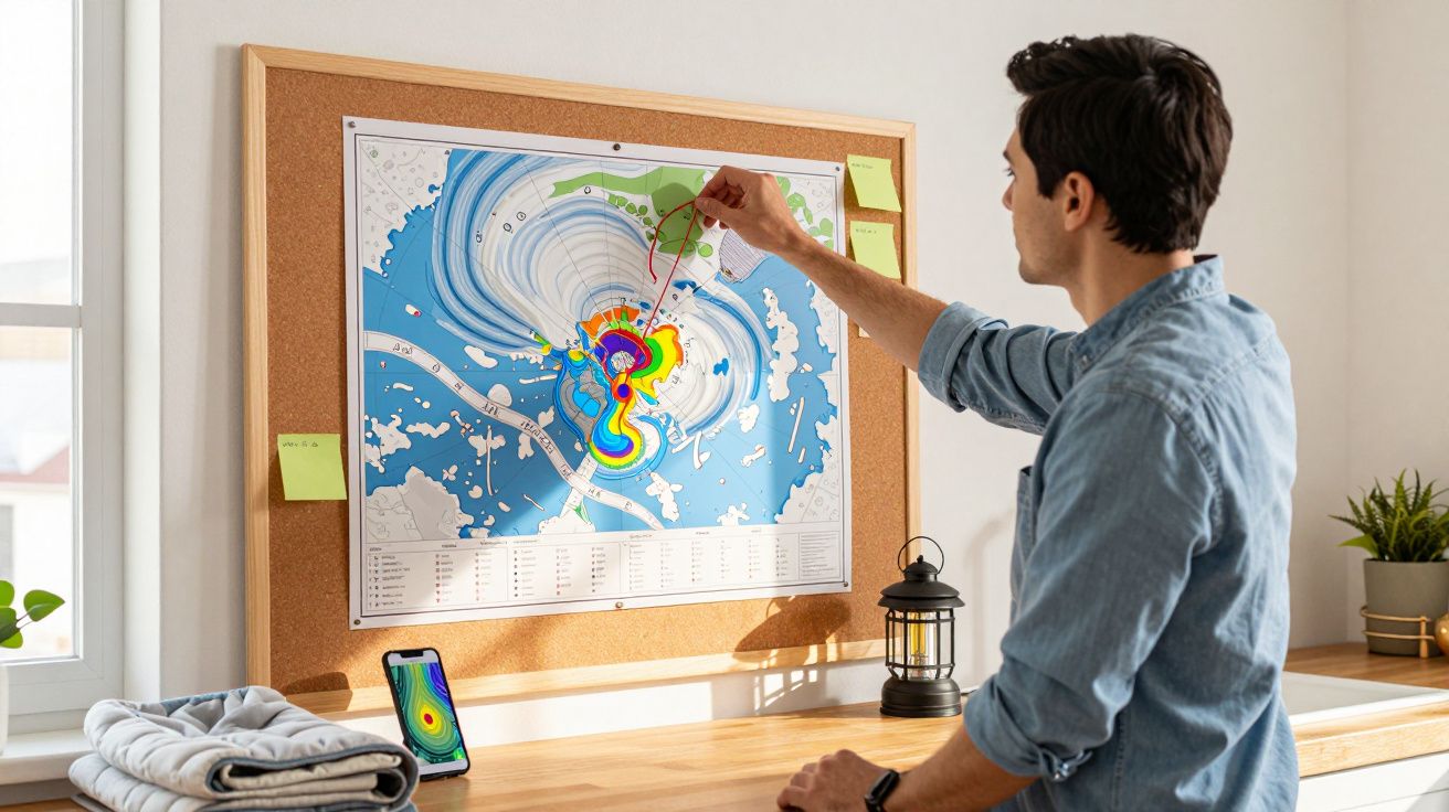 Homem analisa mapa meteorológico colorido num quadro de cortiça, com notas adesivas verdes ao redor.