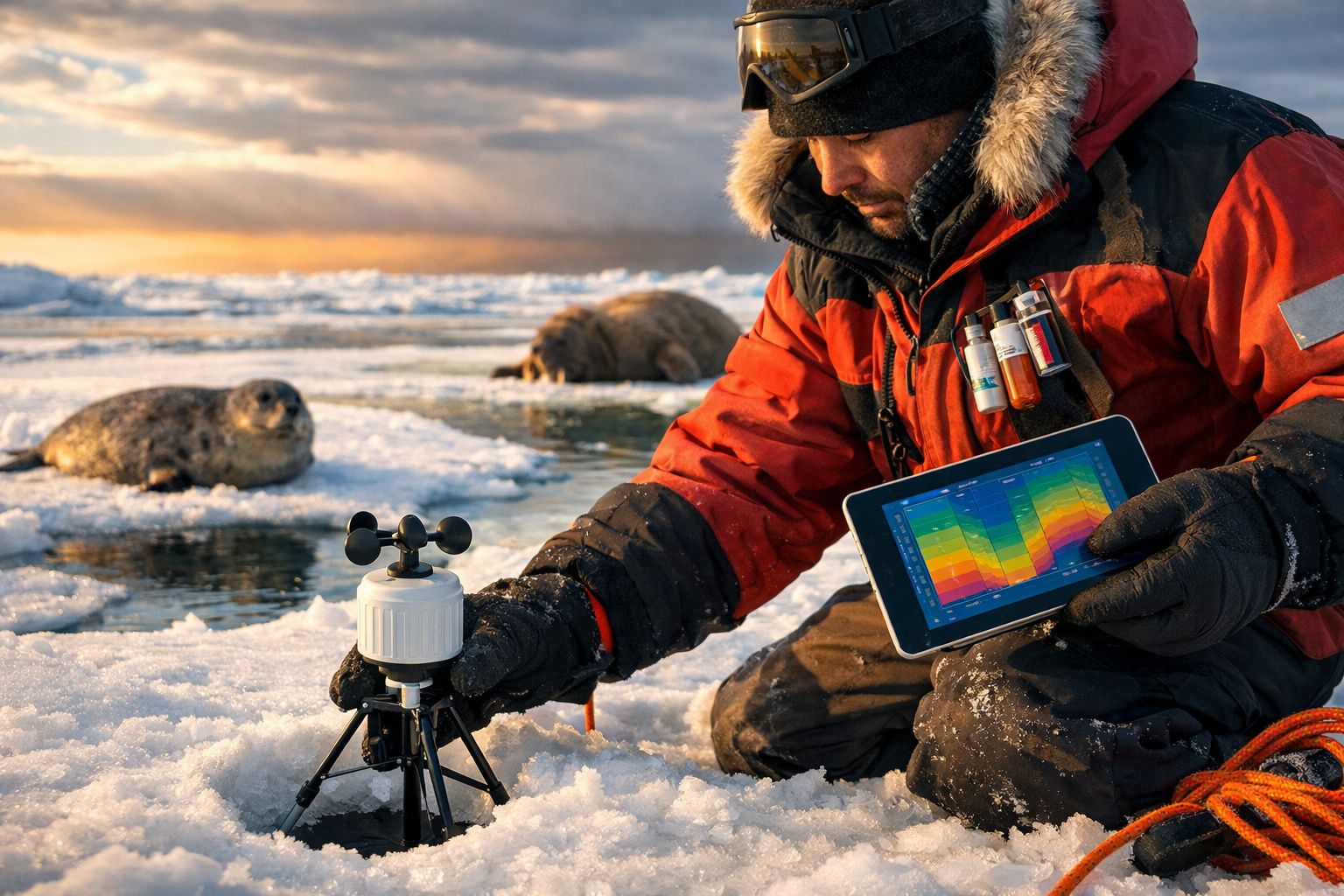 Investigadores num ártico gelado observam uma foca no gelo, com equipamento científico ao lado.