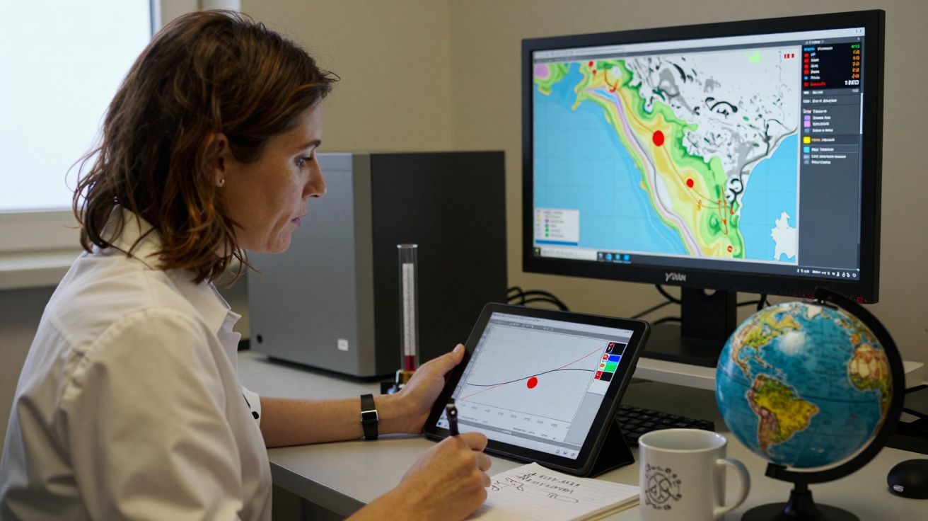 Mulher analisa dados de sismologia num tablet, com um mapa geológico no monitor e um globo na mesa.