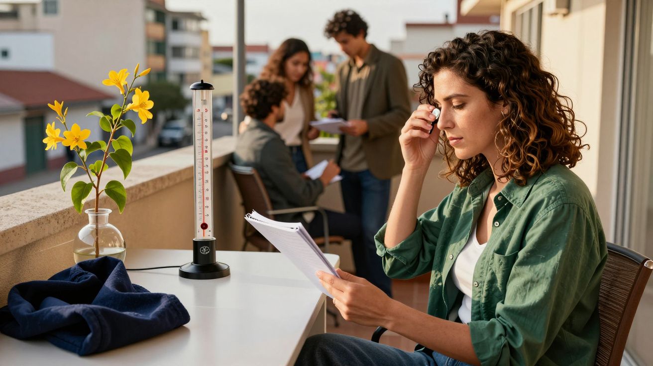 Mulher lendo documentos numa varanda com outras pessoas ao fundo. 베이스 속의 노란 꽃과 측정 기구가 탁자 위에 있습니다.