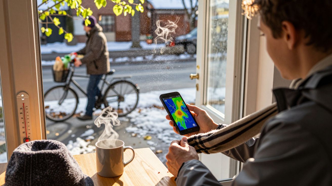 Homem verifica previsão do tempo no telemóvel junto a janela aberta enquanto outro passa de bicicleta sob árvores com folhas 