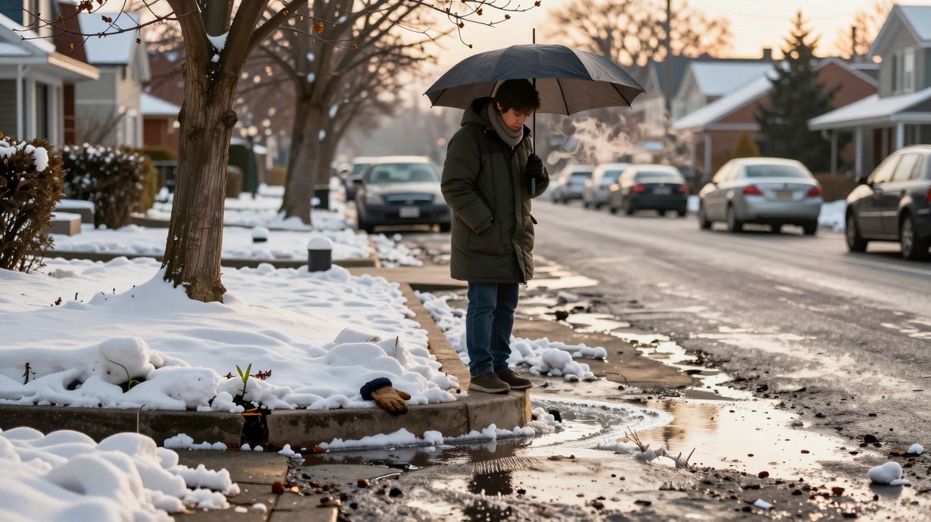 Pessoa com guarda-chuva observa água derretida na calçada coberta de neve numa rua residencial.