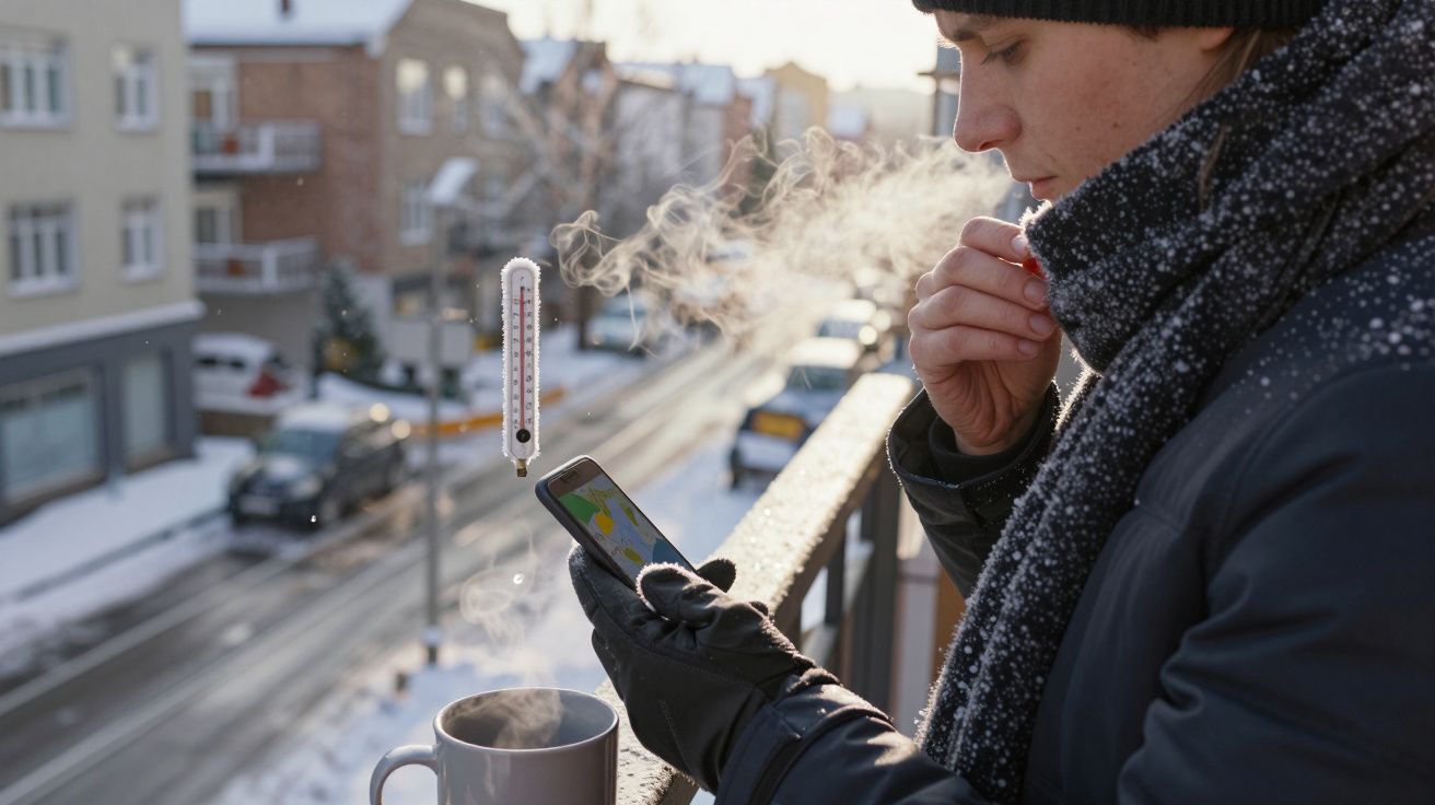 Homem agasalhado na varanda, segurando telemóvel, respira vapor numa manhã fria com neve na rua.