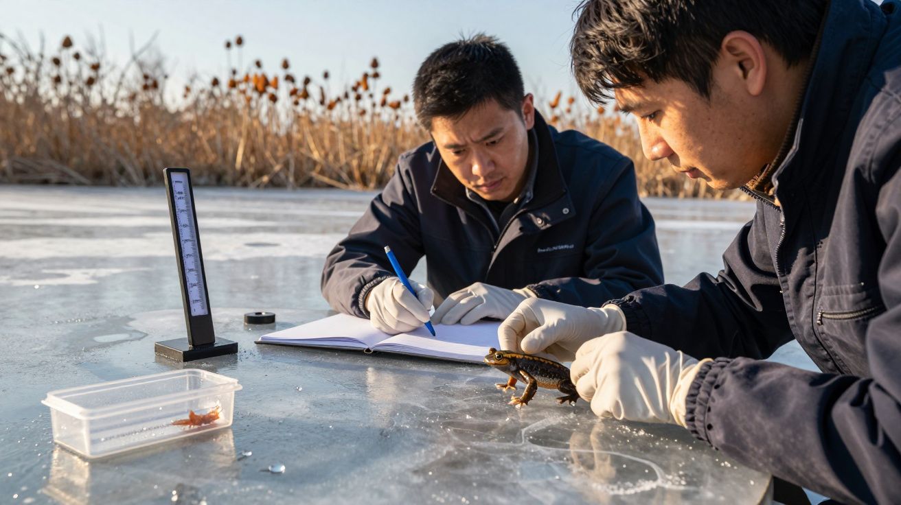Dois investigadores analisam uma salamandra numa superfície gelada, com equipamentos e um caderno ao lado.