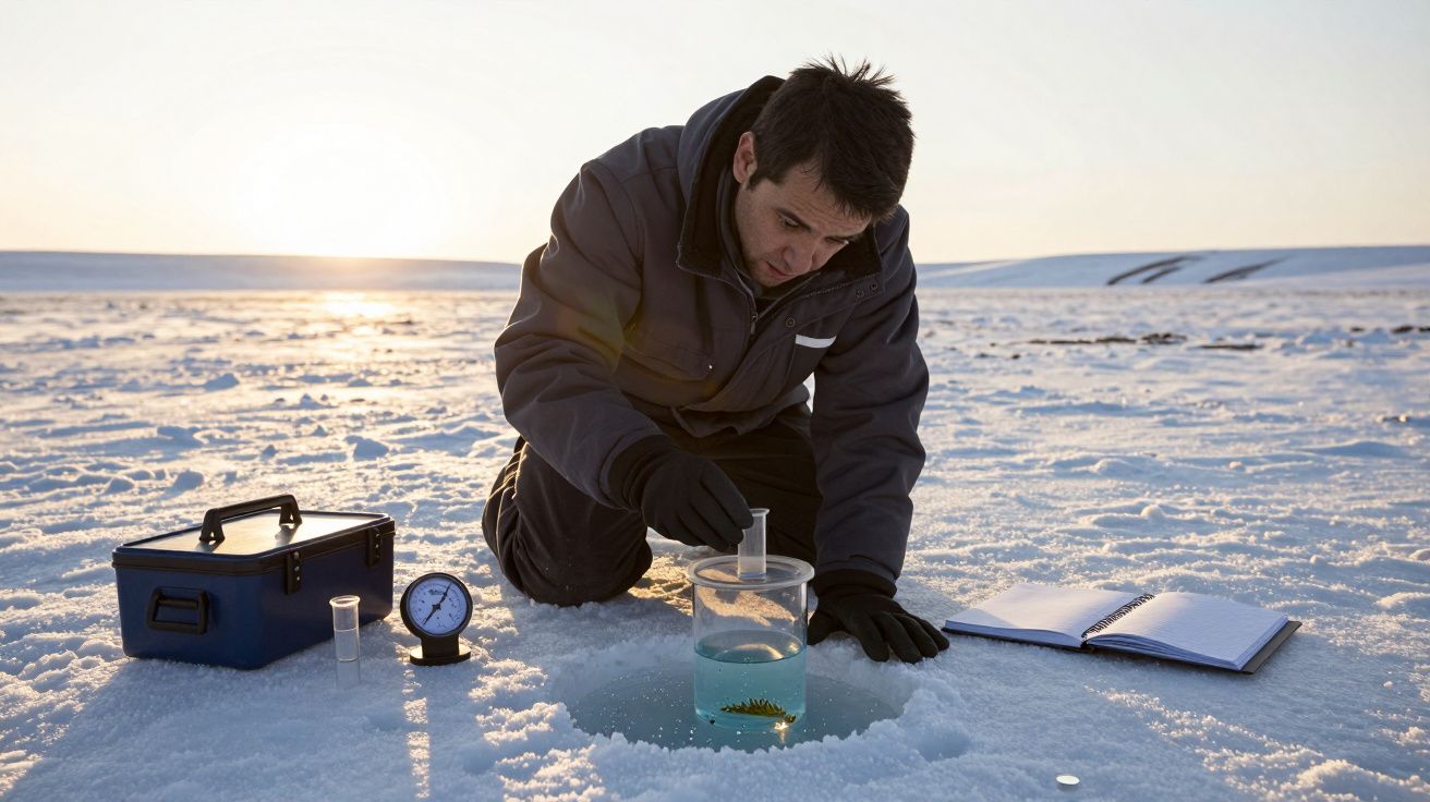 Cientista analisa amostra de água no gelo com instrumentos.