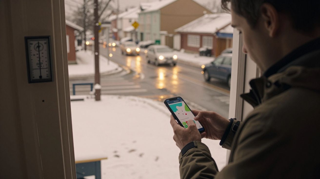 Homem usa smartphone perto de janela, vendo a rua nevada e carros em movimento ao fundo.