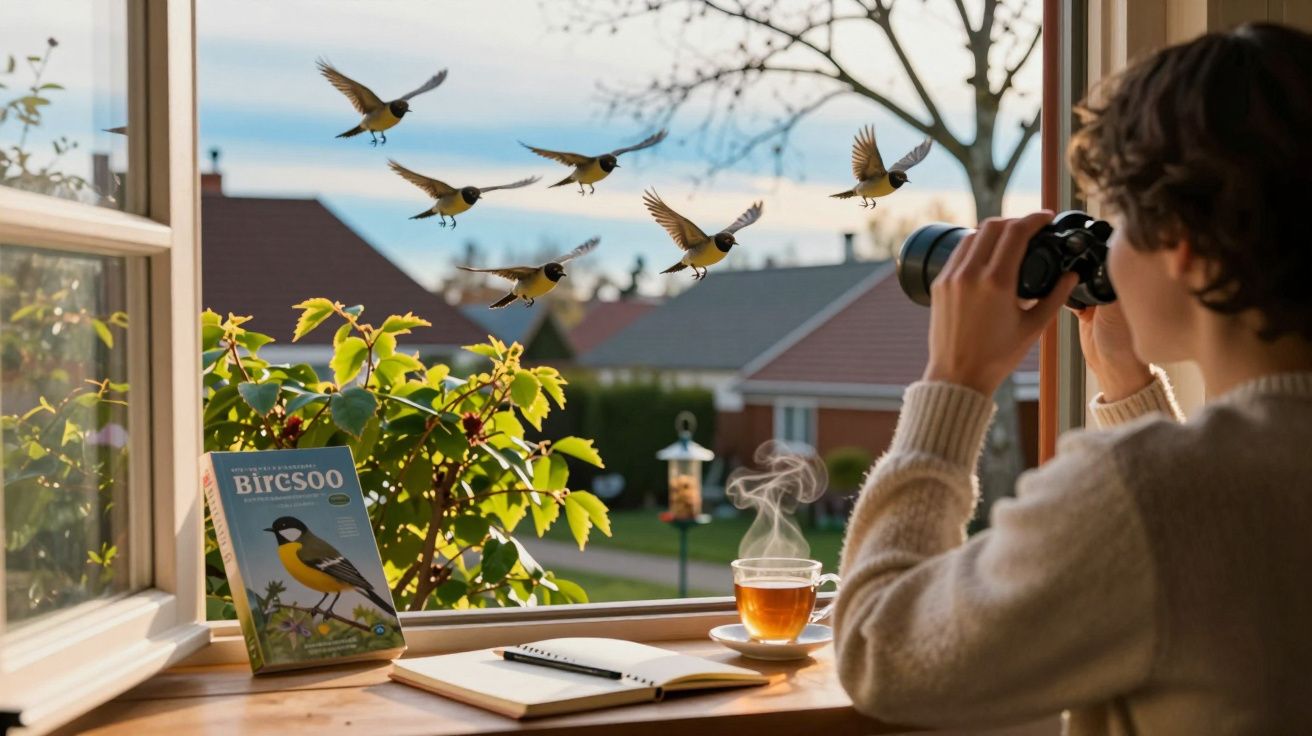 Pessoa observa pássaros voando fora da janela com binóculos, chá quente na mesa ao lado de livro e caderno.
