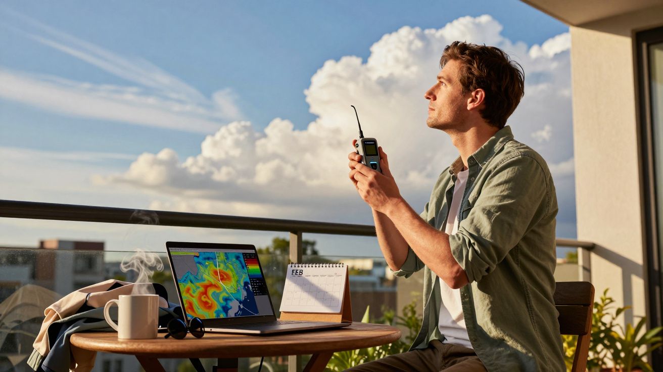 Homem numa varanda olha o céu com um rádio comunicador, laptop com mapa meteorológico, chávena e caderno na mesa.