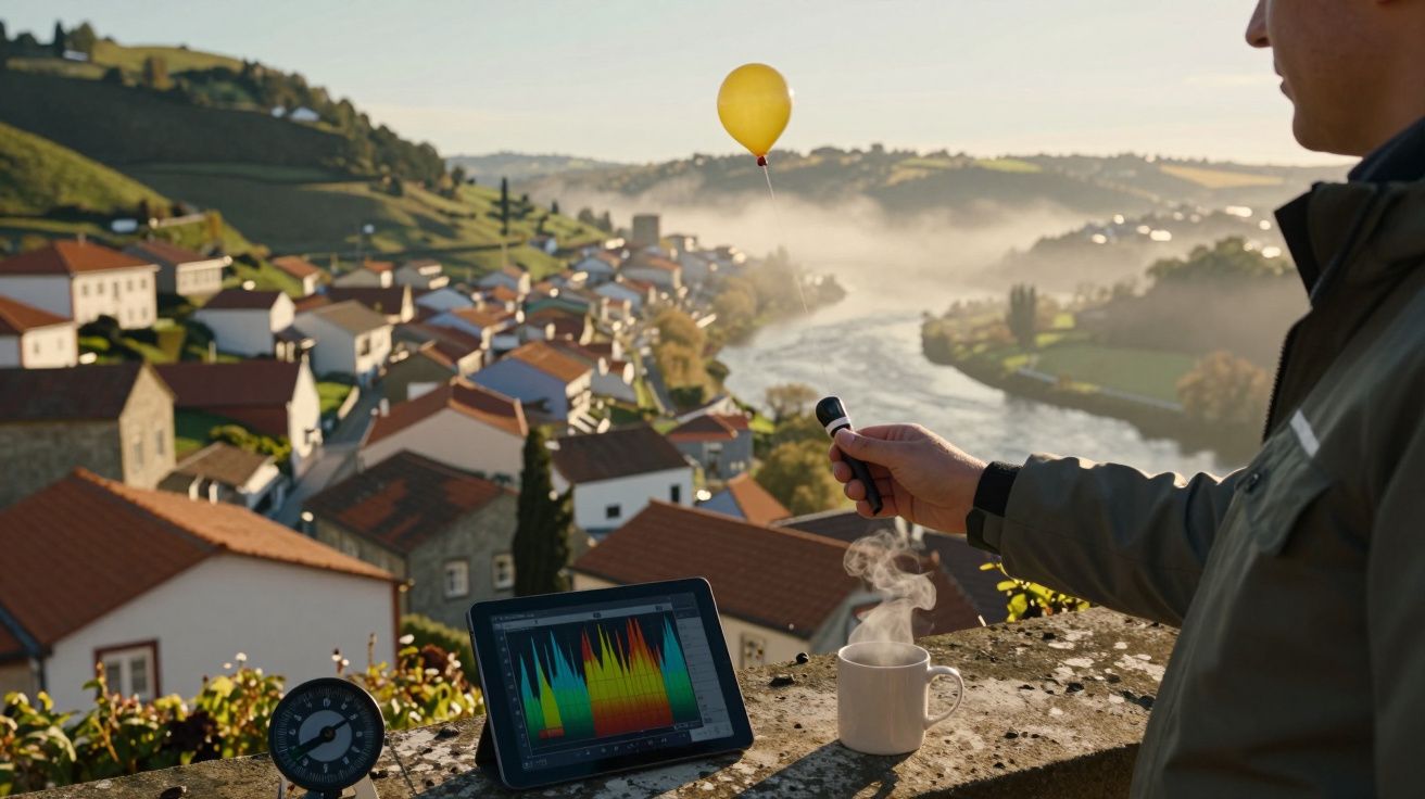 Homem numa varanda com tablet, chávena de café fumegante e balão amarelo ao fundo, vista de aldeia e rio.