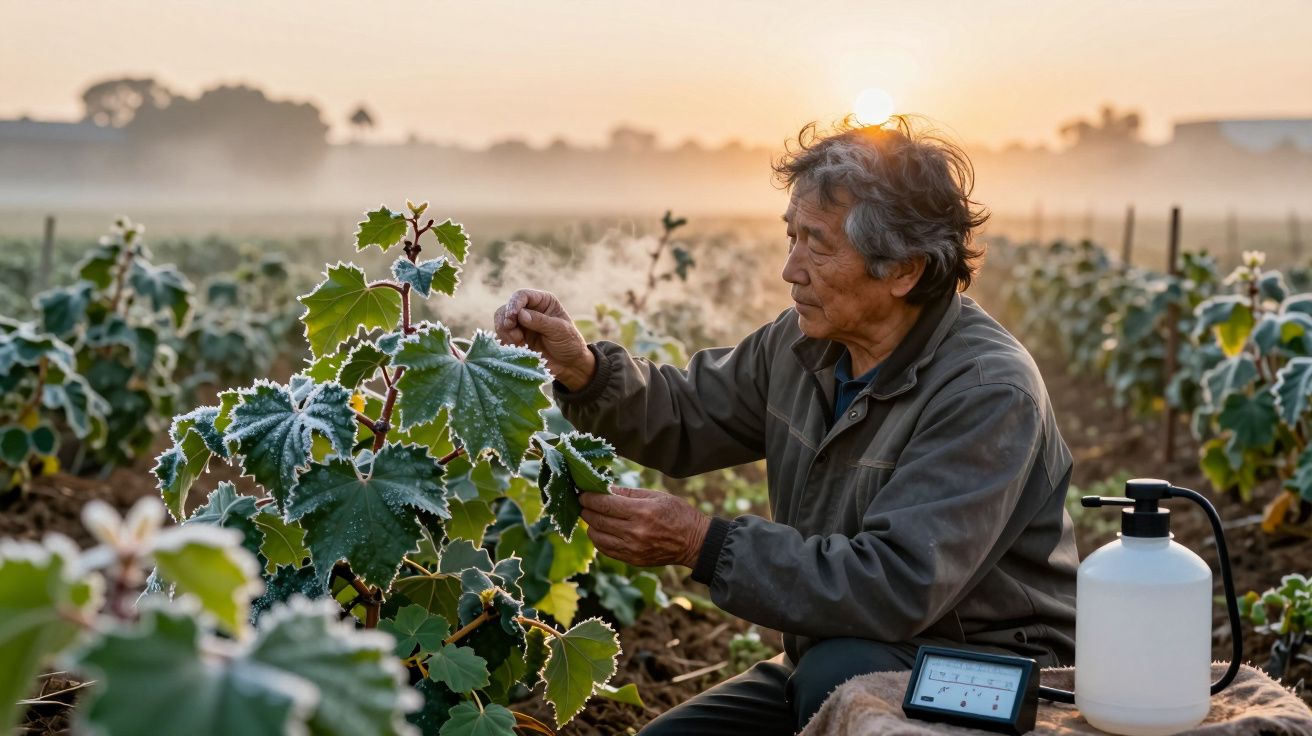 Agricultor examinando plantas com gelo ao amanhecer numa horta, com pulverizador e tablet ao lado.