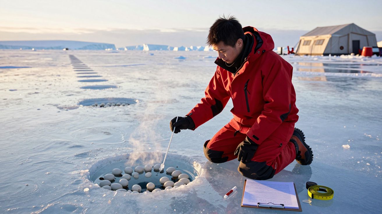 Cientista em fato vermelho analisa bolas sobre gelo, com equipamento e tenda ao fundo, num ambiente polar.