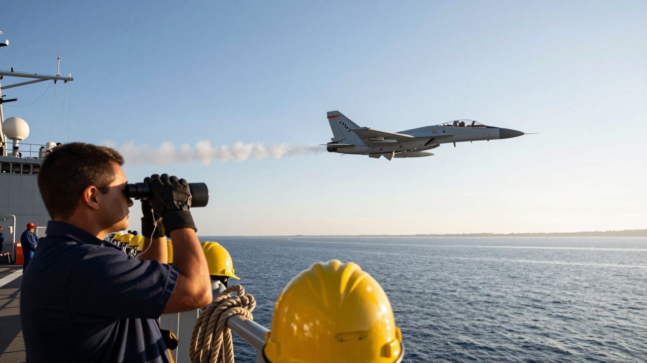 Homem observa jato militar sobrevoando com binóculos a partir de uma embarcação no mar.