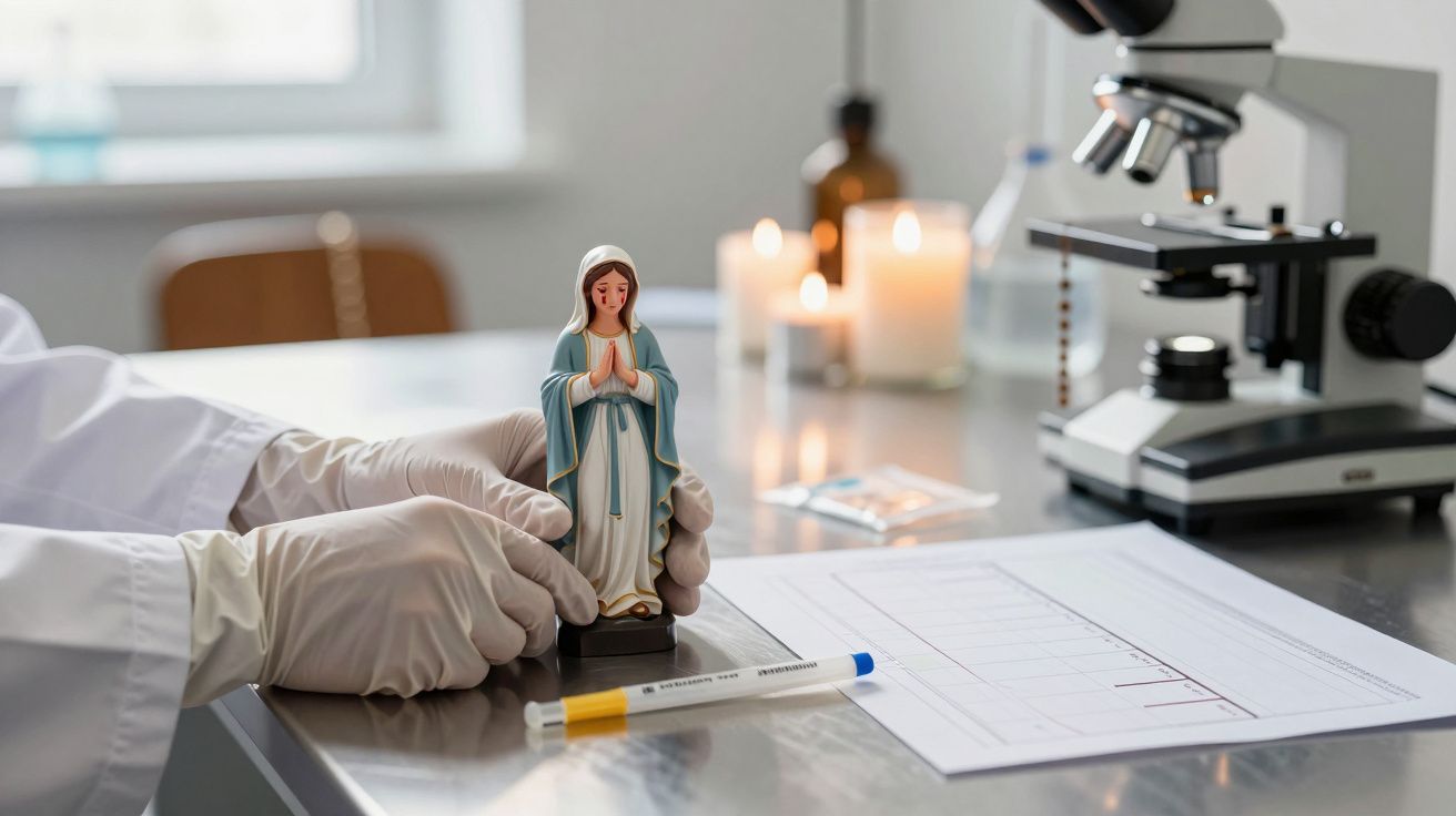 Mãos com luvas seguram estátua religiosa numa banca de laboratório ao lado de um microscópio e velas acesas.