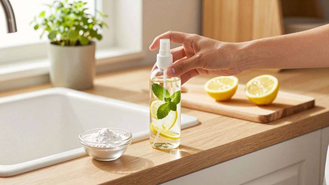 Mão segurando frasco com spray de limão e hortelã numa cozinha, ao lado de limões cortados e taça de pó branco.