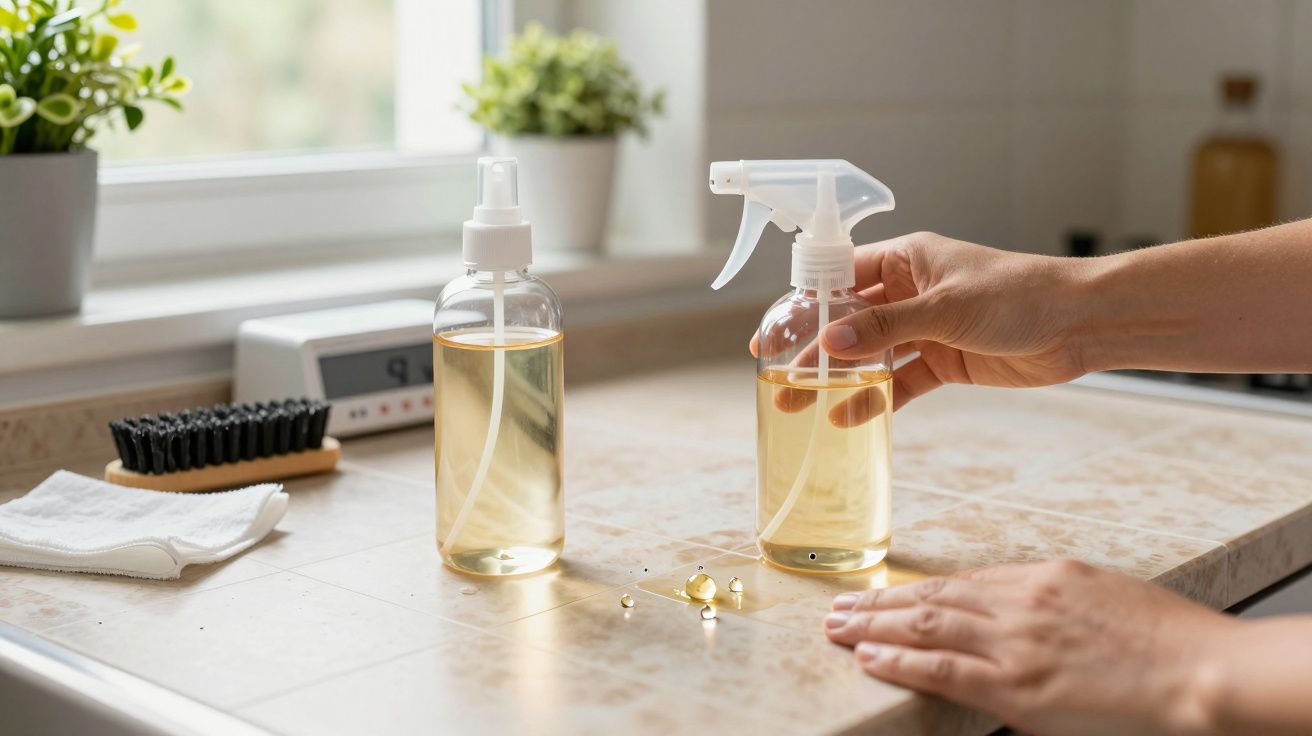 Mão segurando frasco de spray transparente com líquido amarelo num balcão de cozinha ao lado de outro frasco e utensílios.