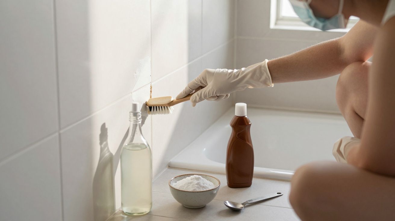 Pessoa de luvas limpa azulejo de casa de banho com escova e produtos de limpeza numa banheira.