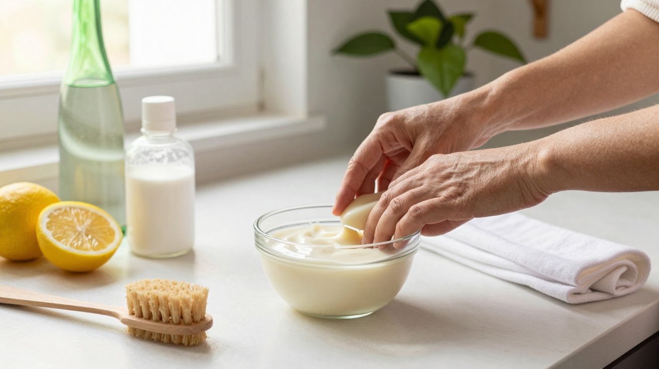 Mãos preparando iogurte caseiro em tigela, com limão, escova e garrafa na bancada ao lado de janela.