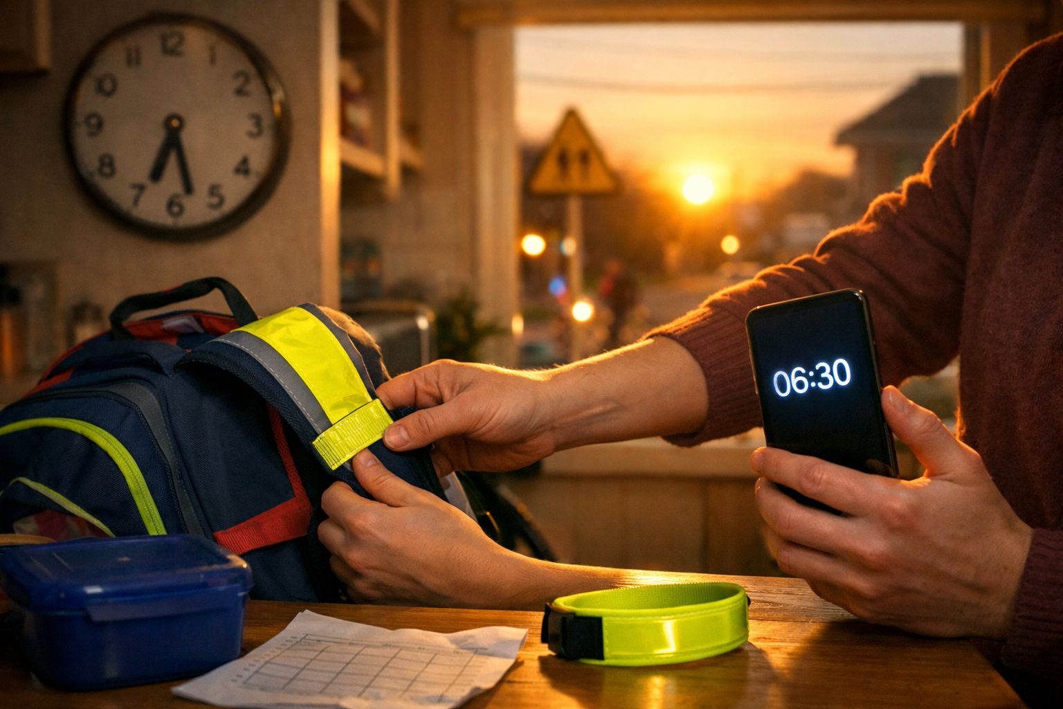 Pessoa verifica mochila com faixa refletora às 6:30, com fundo de amanhecer e sinal de trânsito.