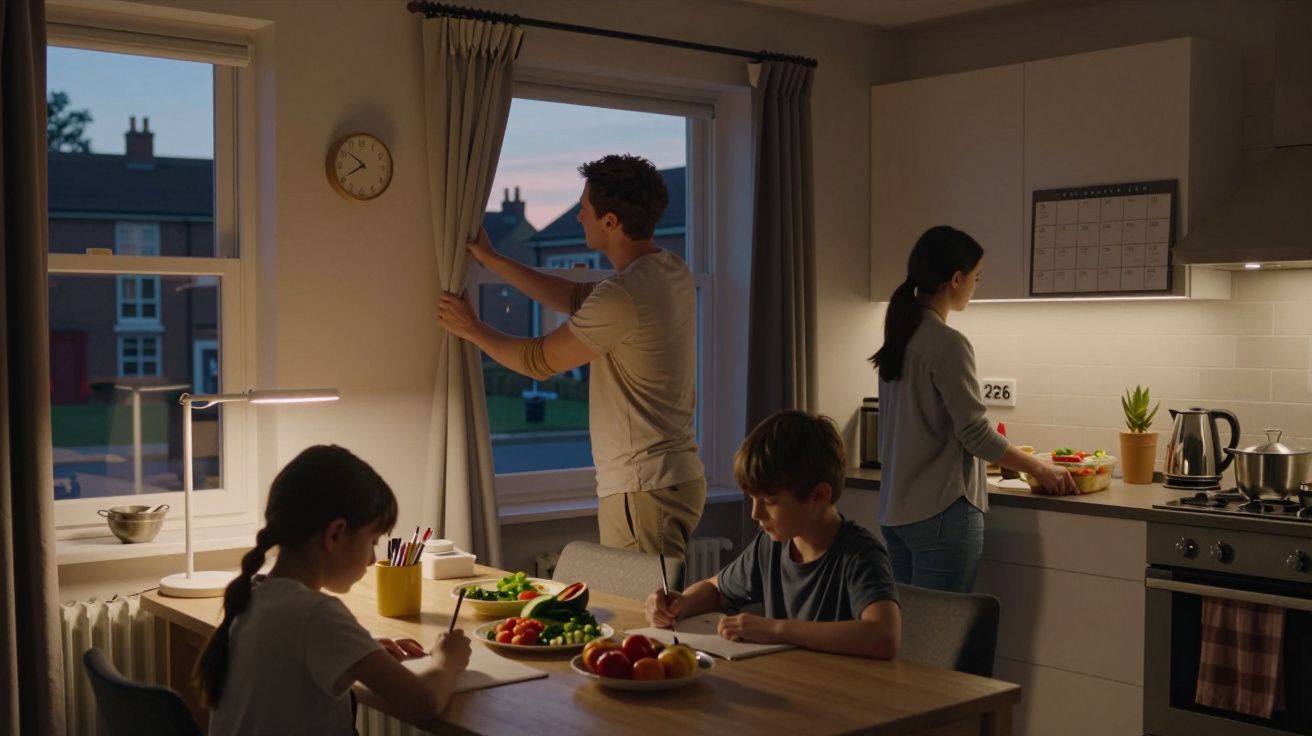 Família na cozinha à noite; pai a fechar cortinas, mãe a preparar comida, crianças a desenhar na mesa.
