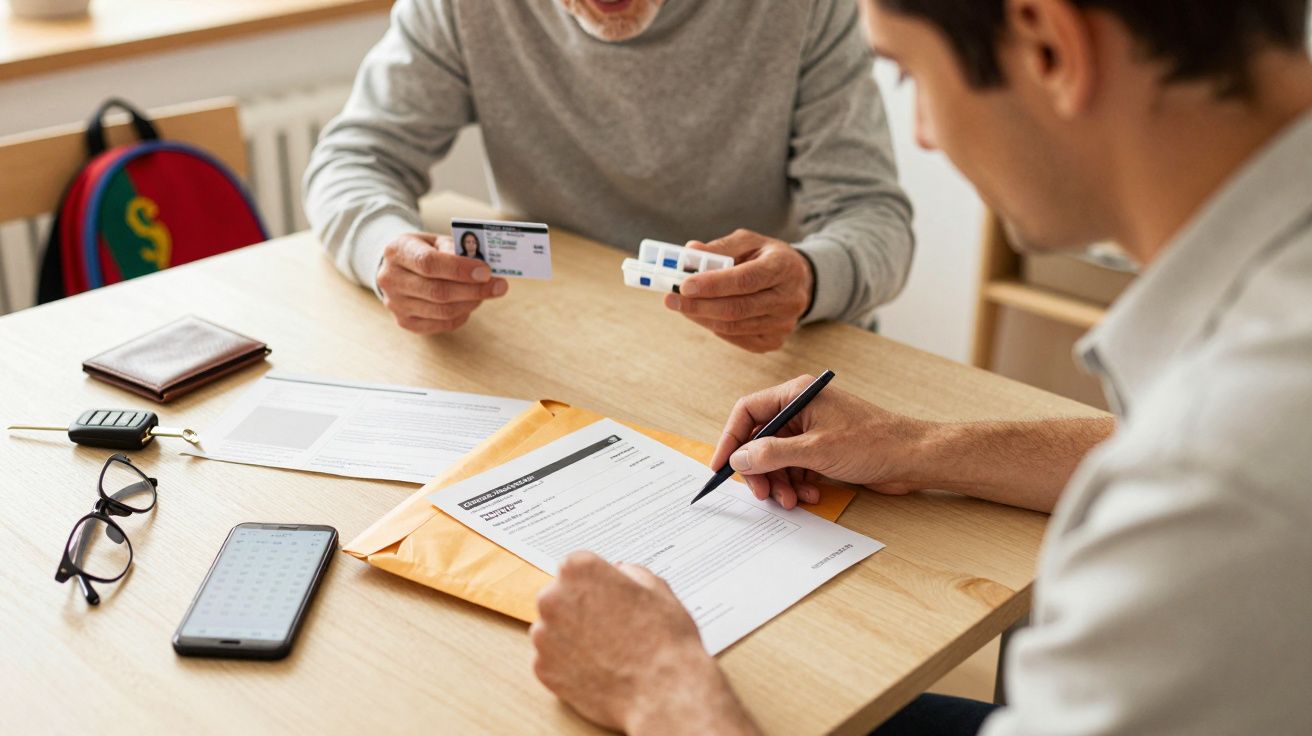 Dois homens sentados a uma mesa, analisando documentos e segurando cartões de identificação e comprimidos.