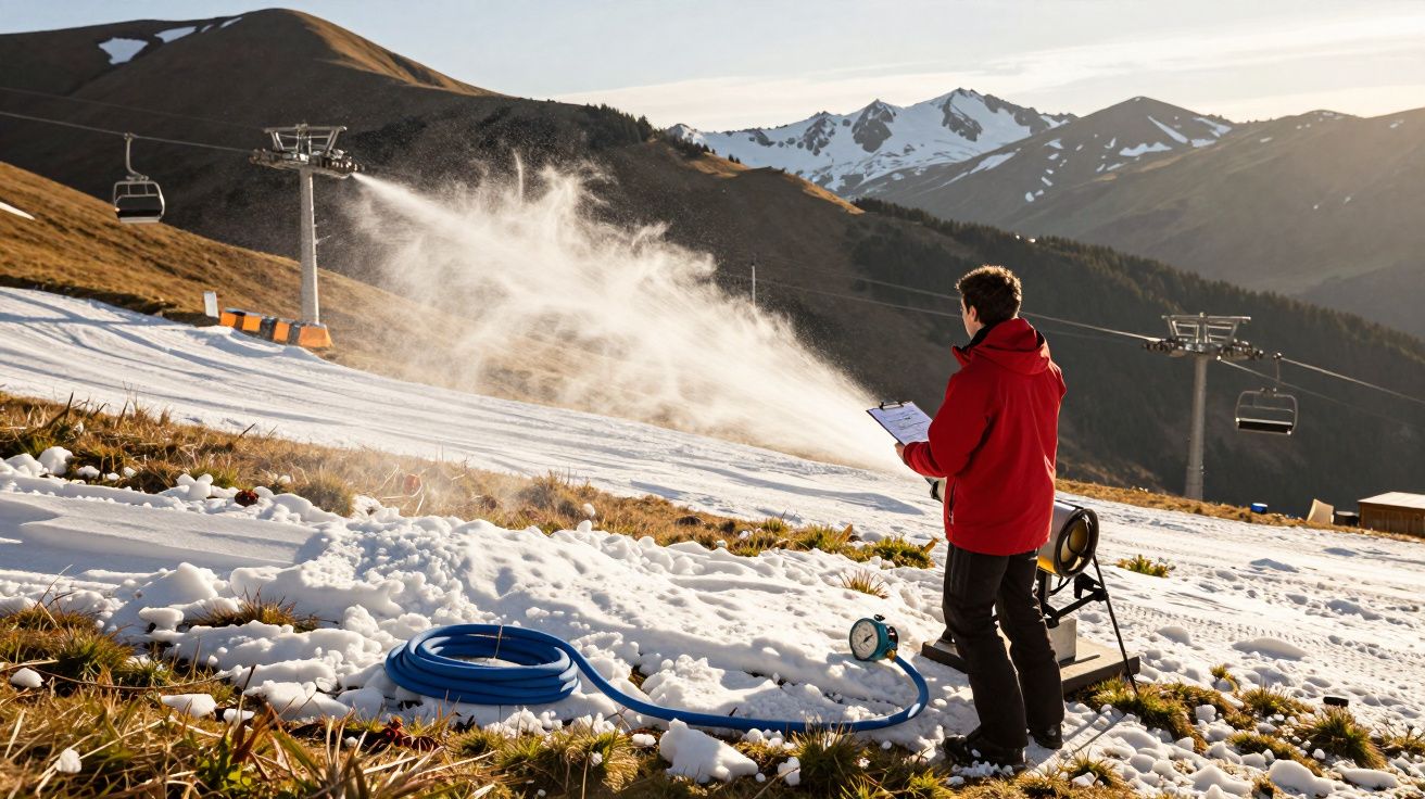 Homem de casaco vermelho controla uma máquina de neve artificial numa estância de esqui com montanhas ao fundo.
