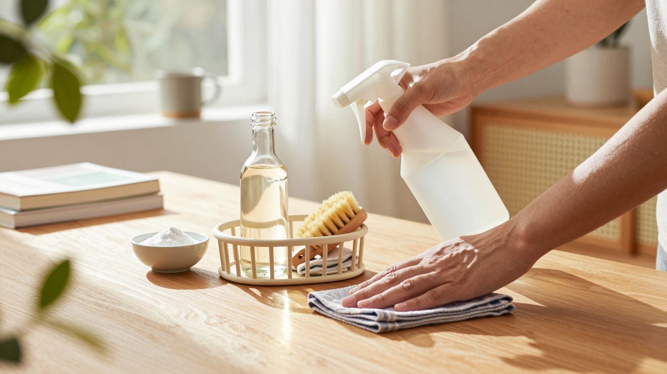 Pessoa a limpar mesa de madeira com spray, toalha e materiais de limpeza naturais ao lado.