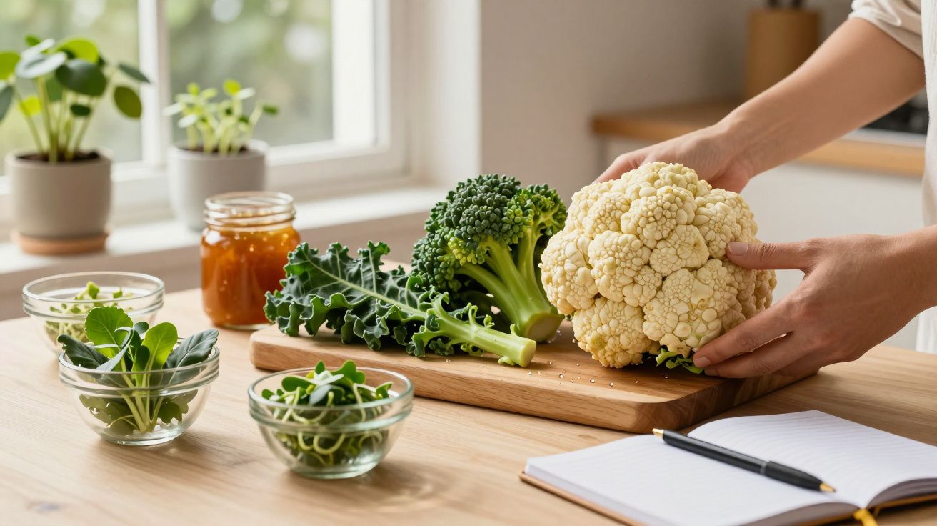 Pessoa a preparar couve-flor e brócolos numa cozinha com frascos de mel e taças de verduras ao fundo.