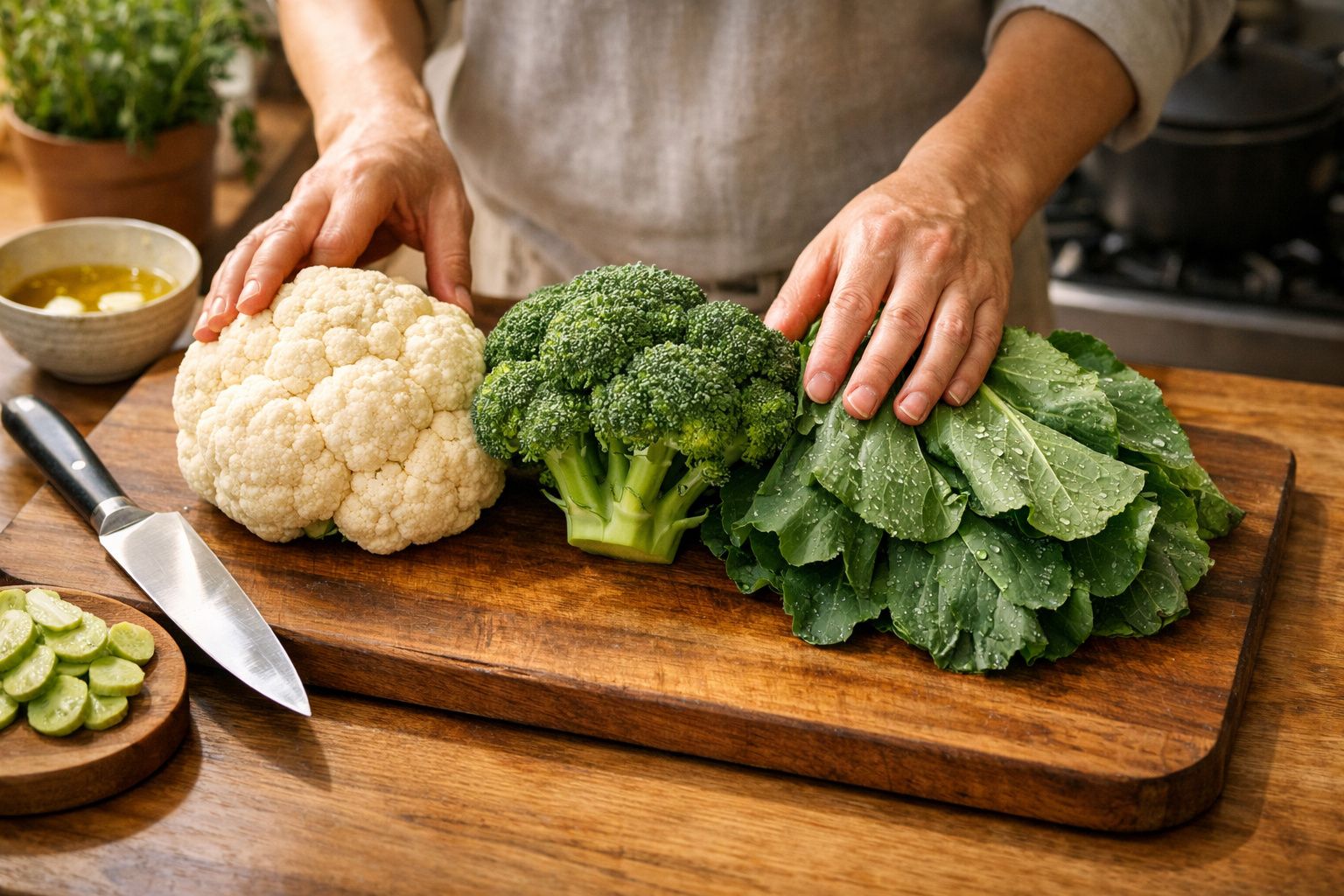 Mãos pegam cesto com couve-flor e brócolos sobre uma mesa de madeira num ambiente de cozinha iluminado.