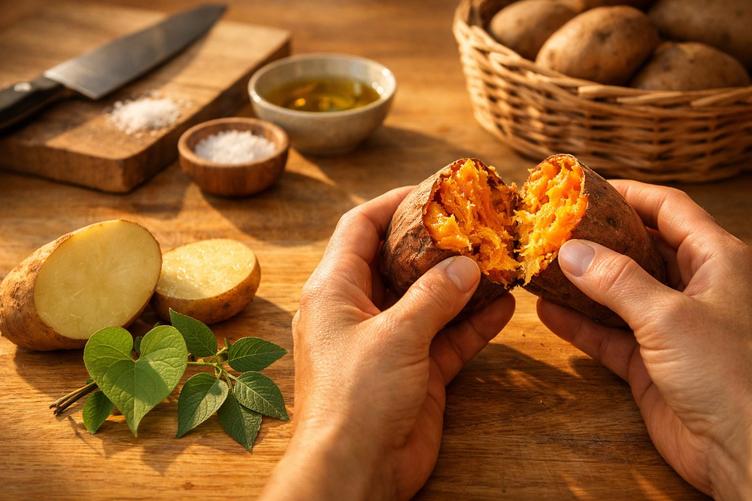 Mãos segurando batata-doce e batata branca cortadas ao meio em cozinha iluminada.