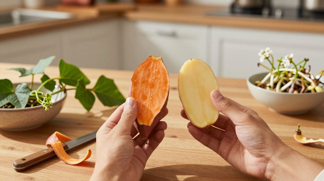 Mãos segurando metade de uma batata-doce e uma batata, com plantas e utensílios numa cozinha ao fundo.