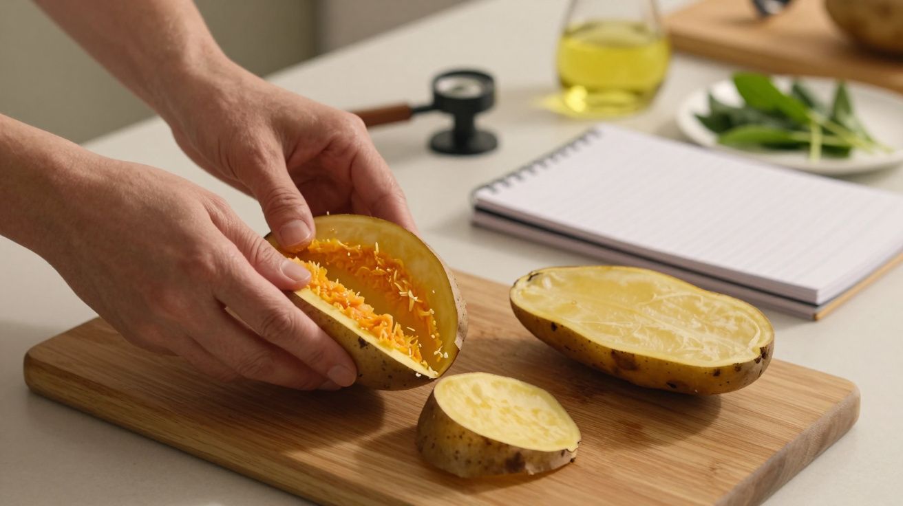 Mãos recheiam batata com queijo ralado sobre tábua de madeira, ao lado de caderno e azeite.