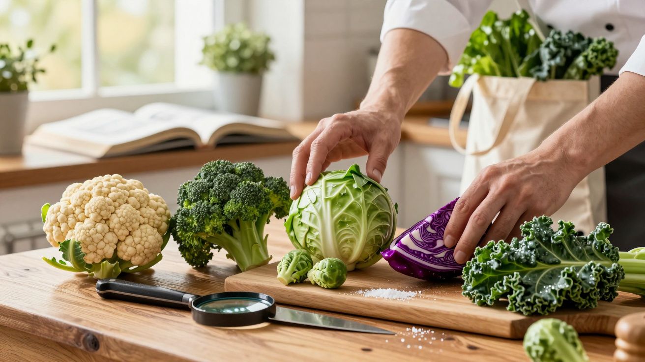 Pessoa a cortar couve-roxa numa cozinha, rodeada de brócolos, couve-flor, e outros legumes.