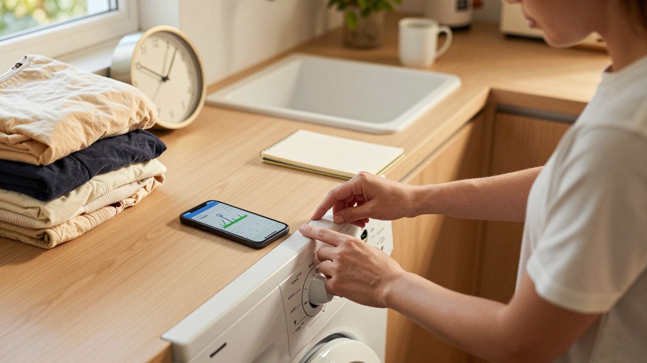 Pessoa ajusta máquina de lavar numa cozinha, com roupas dobradas e smartphone no balcão.